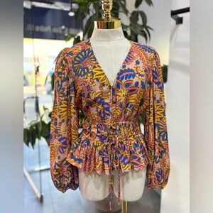 Santorini Sunset Blouse – Smocked Peplum Floral Top